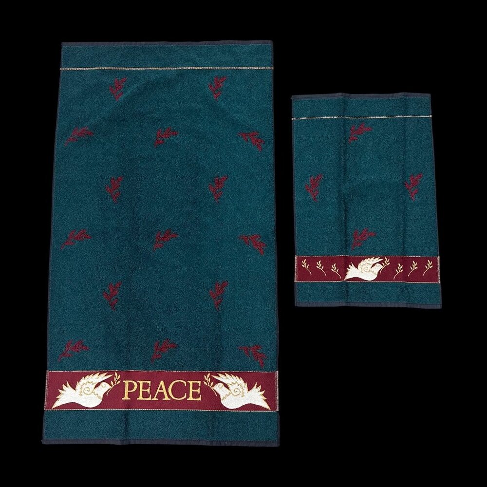 Vintage Christmas Bath Towel Hand Towel Set 1990s Santens USA Peace Dove Cotton - Picture 3 of 8